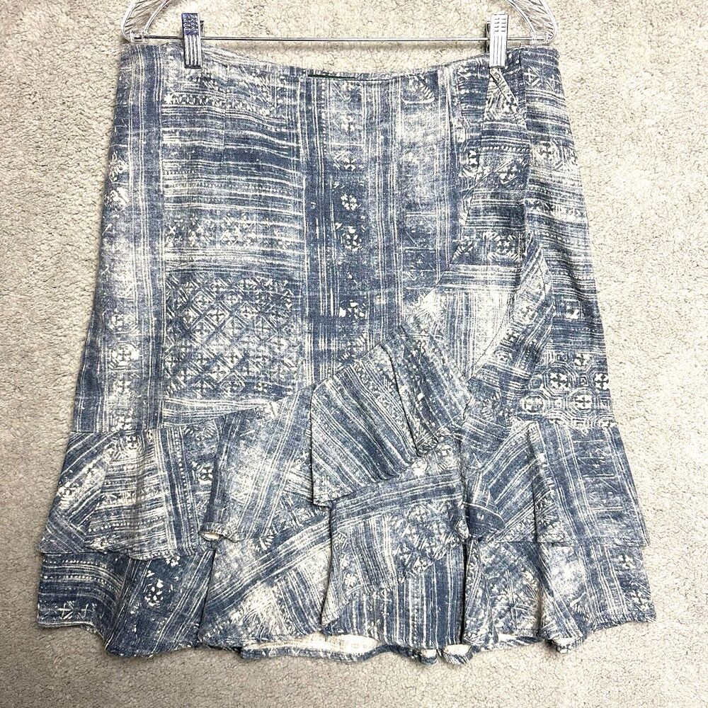 LAUREN RALPH LAUREN Jeans Co Blue Shibori Ruffle Trim Skirt 12 Linen Cowgirl